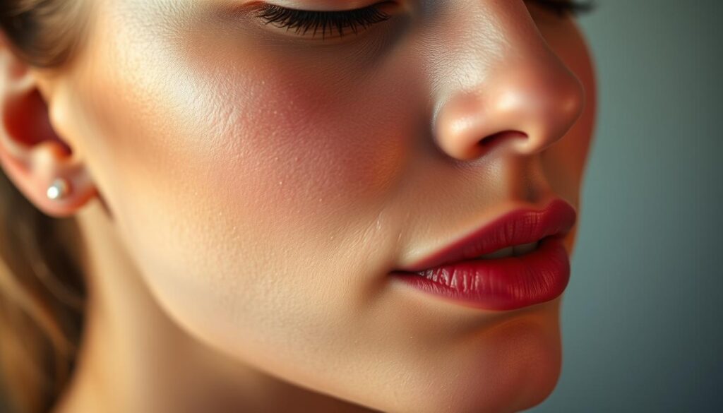 A serene, close-up view of a woman's face, her skin glowing with a healthy, rejuvenated radiance after the harsh winter months. Soft, diffused lighting from the side creates a warm, comforting atmosphere, highlighting the delicate texture and subtle luminosity of her complexion. The image conveys a sense of renewed vitality and restoration, mirroring the process of skin regeneration following the drying, damaging effects of the cold season. Detailed yet ethereal, the portrait captures the transformative power of self-care and the skin's remarkable ability to recover and reclaim its natural vibrance.
