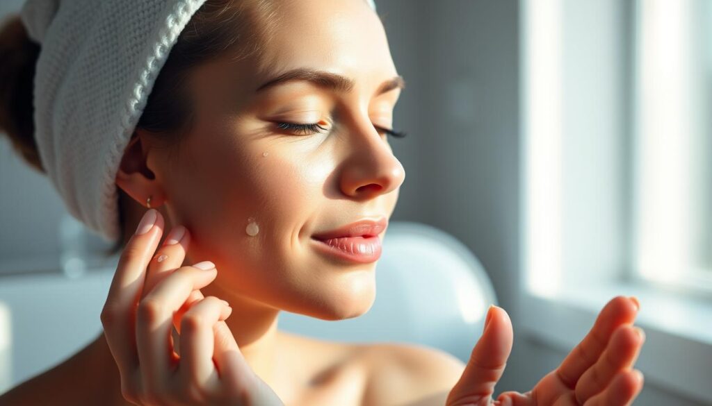 A serene, minimalist composition showcasing a woman's face undergoing a relaxing skincare routine. The subject's skin glows with a natural, healthy radiance, accentuated by soft, diffused lighting from a window. The foreground features the woman's hands gently applying a nourishing facial cream or serum, while the background blurs into a tranquil, neutral-toned environment, conveying a sense of calm and introspection. The overall mood is one of self-care, wellness, and a moment of peaceful indulgence in an otherwise hectic world.