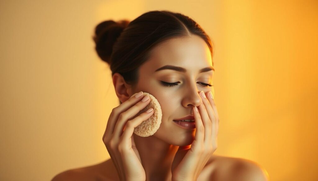 A serene, tranquil scene of a woman's hands gently exfoliating her face with a soft, natural sponge, preparing her skin for a nourishing, at-home facial treatment. The warm, diffused lighting casts a golden glow, creating a peaceful, spa-like atmosphere. The background is blurred, allowing the focus to remain on the delicate, intimate act of skin preparation. The woman's expression is one of calm concentration, her movements deliberate and mindful. The overall mood is one of self-care, relaxation, and the simple pleasure of tending to one's skin in the comfort of one's own home.
