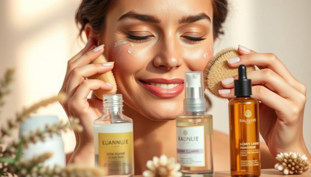 A serene, tranquil skincare scene. In the center, a woman's face is gently exfoliated with a soft, natural bristle brush, her skin glowing with a healthy radiance. In the foreground, an array of luxurious skincare products - a rich, creamy cleanser, a nourishing toner, and a delicate, aromatic face oil. The background is soft and diffused, with a soothing, muted color palette evoking a sense of relaxation and self-care. The lighting is warm and natural, casting a gentle, flattering glow. The composition is balanced and visually pleasing, inviting the viewer to imagine the rejuvenating experience. An image that captures the essence of revitalizing and purifying the skin after the harshness of winter.