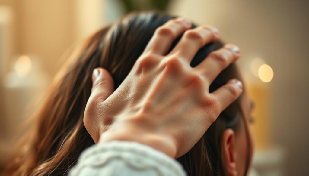 A soothing close-up view of a woman's hand tenderly massaging her scalp with nourishing oils, her fingers gently working to improve the health and appearance of her hair and skin. The scene is bathed in soft, warm lighting, creating a calming and rejuvenating atmosphere. The background is blurred, allowing the focus to remain on the intimate self-care ritual. Subtle highlights and reflections add depth and dimension to the image, conveying the luxurious, pampering nature of the experience.