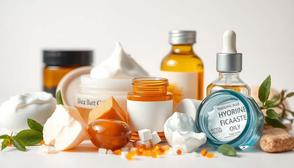 A well-lit close-up image of various skincare ingredients commonly found in face creams, arranged in an organized and visually appealing layout. The foreground features a selection of natural botanical extracts, oils, and moisturizing agents such as shea butter, aloe vera, and vitamin E. The middle ground showcases a few key active compounds like retinol, hyaluronic acid, and niacinamide in their pure form. The background softly blurs out to reveal a minimal, clean, and elegant studio setting with a simple color palette. The overall mood is one of pharmaceutical precision, scientific authenticity, and skincare expertise.