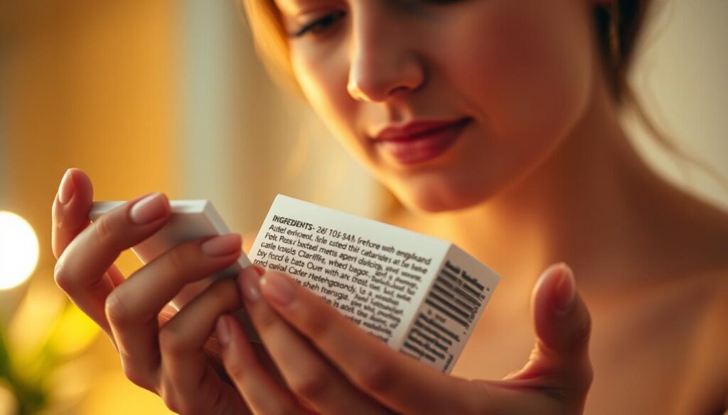 A well-lit, close-up shot of a woman's hands carefully examining the ingredient label on a cosmetic product. The label is in focus, with the ingredients listed in a clear, legible font. The background is slightly blurred, creating a sense of depth and drawing the viewer's attention to the focal point. The lighting is soft and warm, casting a subtle glow on the scene. The woman's expression is one of concentration and thoughtfulness, conveying the importance of carefully reading and understanding the contents of cosmetic products. The overall mood is one of mindfulness and awareness, encouraging the viewer to consider the importance of ingredient transparency in the cosmetic industry.