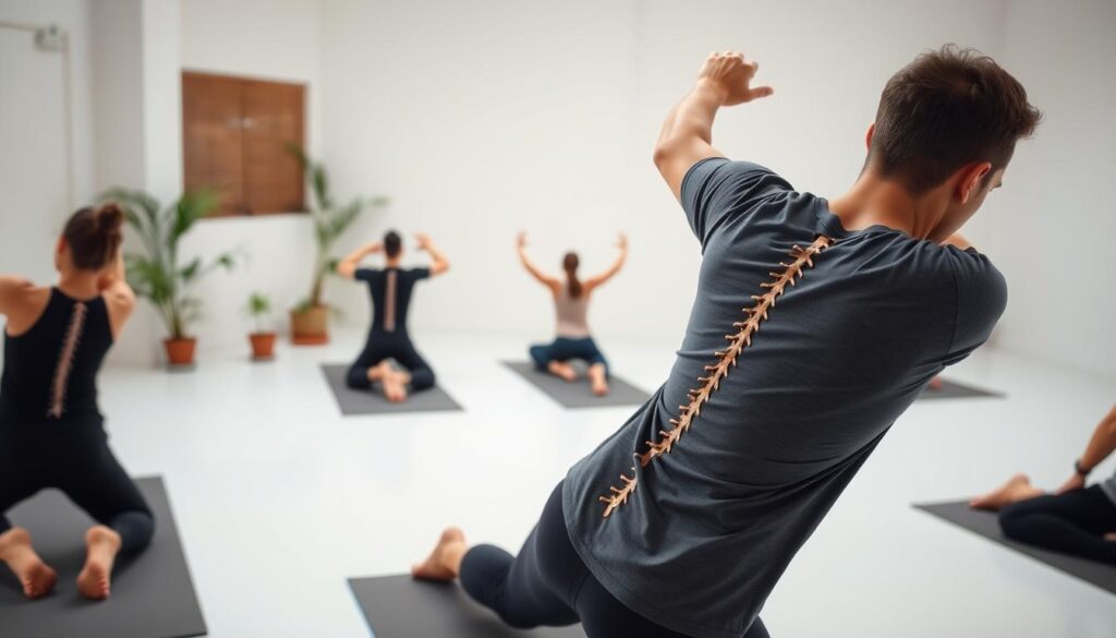 A well-lit studio setting featuring a person performing a series of safe and effective spinal exercises. In the foreground, the individual is carefully executing a gentle spinal twist, with proper alignment and form. The middle ground showcases a variety of other low-impact stretches and postures, such as cat-cow and child's pose, designed to strengthen and stabilize the back. The background features a clean, minimalist environment with natural elements like potted plants, providing a calming, restorative atmosphere. The overall lighting is soft and diffused, creating a sense of tranquility and focus. The camera angle is slightly elevated, allowing for a clear view of the model's movements and the range of exercises being demonstrated.