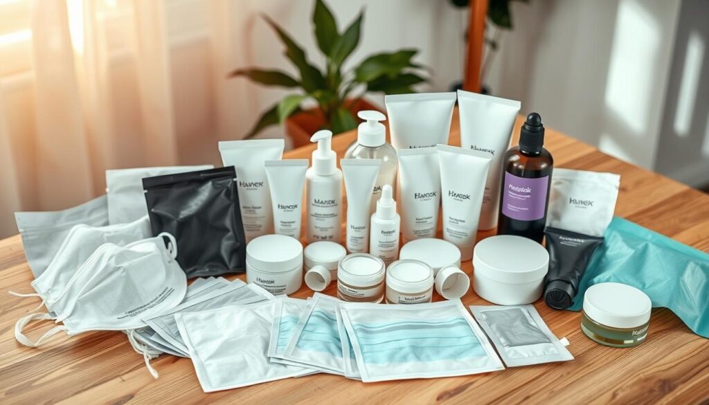 Artfully arranged array of face masks and moisturizing creams on a natural wooden surface, bathed in soft, warm lighting. The foreground features various types of face masks, from disposable medical-style to reusable cloth variants, presented in an organized, yet aesthetically pleasing manner. In the middle ground, an assortment of moisturizing creams, lotions, and serums in sleek, minimalist packaging sit alongside the masks. The background suggests a cozy, home-like atmosphere, with hints of greenery or natural textures adding to the soothing, relaxing mood. The overall composition conveys a sense of self-care and wellness, perfectly capturing the spirit of "Zabiegi nawilżające w domowych warunkach".