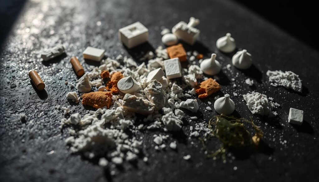 Detailed close-up of various harmful cosmetic ingredients spread out on a dark, textured surface. Harsh lighting casts dramatic shadows, emphasizing the toxic and dangerous nature of these chemicals. Ingredients such as parabens, sulfates, phthalates, and formaldehyde are prominently displayed, each with a distinct visual representation. The scene conveys a sense of caution and concern, hinting at the potential harm these substances can pose to health and wellbeing. The image is captured with a shallow depth of field, keeping the foreground ingredients in sharp focus while blurring the background, drawing the viewer's attention to the troubling contents.