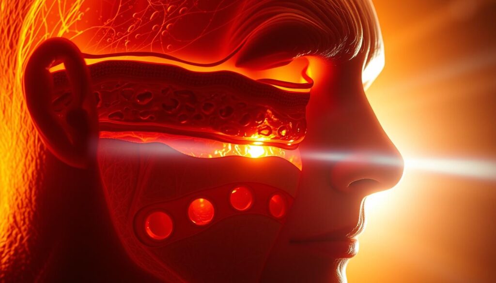 Intricate layers of skin illuminated by penetrating ultraviolet rays, revealing the complex structure beneath. A detailed cross-section showcasing the epidermis, dermis, and hypodermis, each reacting uniquely to the sun's intense energy. Warm, amber lighting casts a soft glow, capturing the delicate interplay of light and shadow. Realistic textures and subtle gradients convey the skin's dynamic nature, while a sense of scientific observation pervades the scene. A captivating visual representation of the sun's profound impact on the human body, designed to educate and inform.