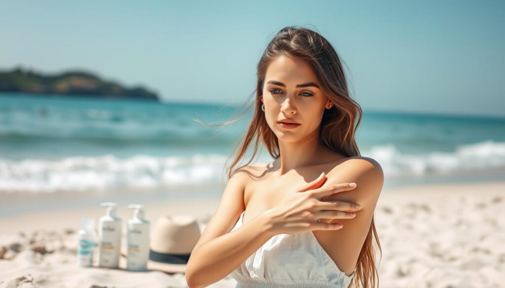 Sunlight-protected skin: A serene beach scene with a young woman applying sunscreen on her arms, her face serene and focused. The middle ground features an array of sun protection products - bottles of lotion, a sunhat, and sunglasses. In the background, a picturesque coastline with gently lapping waves and a clear, azure sky. The overall tone is calming and inviting, conveying the importance of proper sun protection for a safe, enjoyable summer.