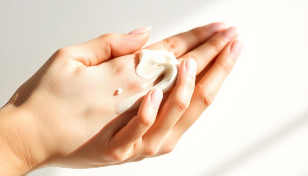 a detailed close-up shot of a woman's hand carefully applying a moisturizing face cream, with a clean white background. The cream should have a smooth, creamy texture and the woman's fingers should gently massage it into her skin. Soft, natural lighting casts a warm, gentle glow on the scene. The overall mood is one of tranquility, relaxation, and attentive skincare.