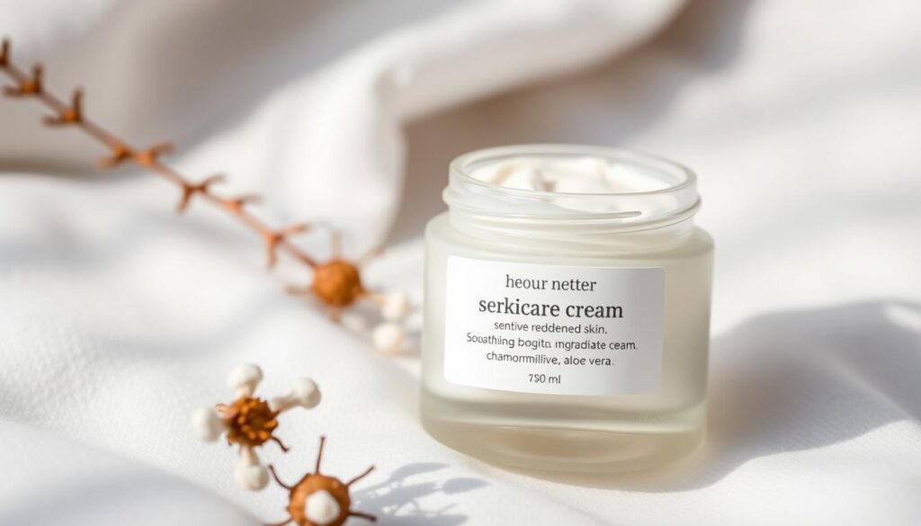 A close-up photograph of a jar of nourishing winter skincare cream for sensitive, reddened skin. The jar is made of frosted glass with a simple white label, placed on a soft white background. The cream has a rich, creamy texture and a gentle, fragrant scent of soothing botanical ingredients like chamomile and aloe vera. The lighting is soft and diffused, casting a warm, comforting glow on the product. The entire scene evokes a sense of care and protection for delicate, winter-stressed complexions.