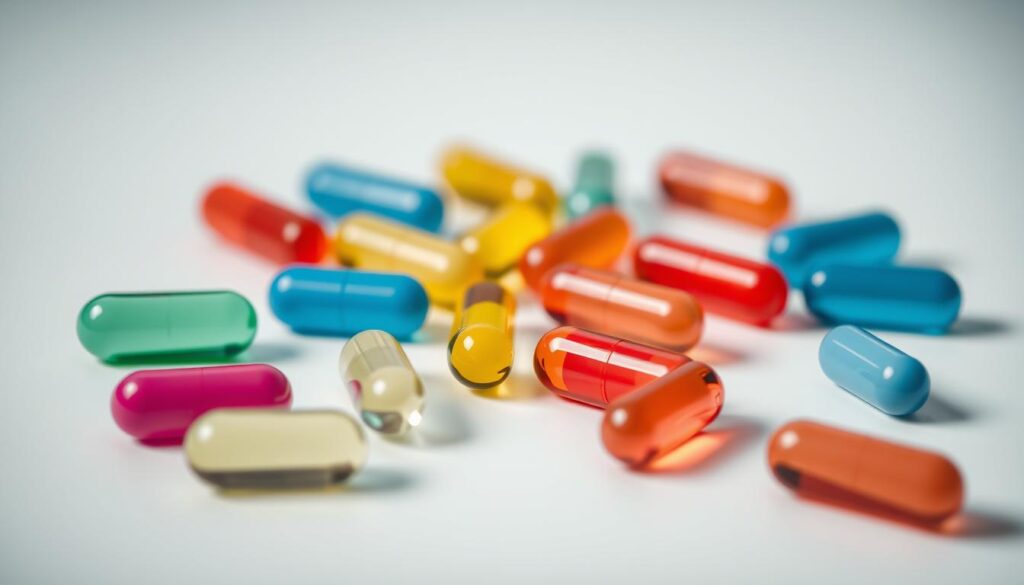 A close-up photograph of a set of assorted vitamin capsules and tablets in various colors, arranged neatly on a clean, white surface. The lighting is soft and diffused, highlighting the glossy, translucent textures of the supplements. The image has a serene, calming atmosphere, emphasizing the importance of vitamins for maintaining healthy, glowing skin. The capsules and tablets are positioned to create a visually appealing, symmetrical composition that draws the viewer's attention to the central subject matter. The background is intentionally blurred, keeping the focus solely on the vitamins and their role in supporting skin health.