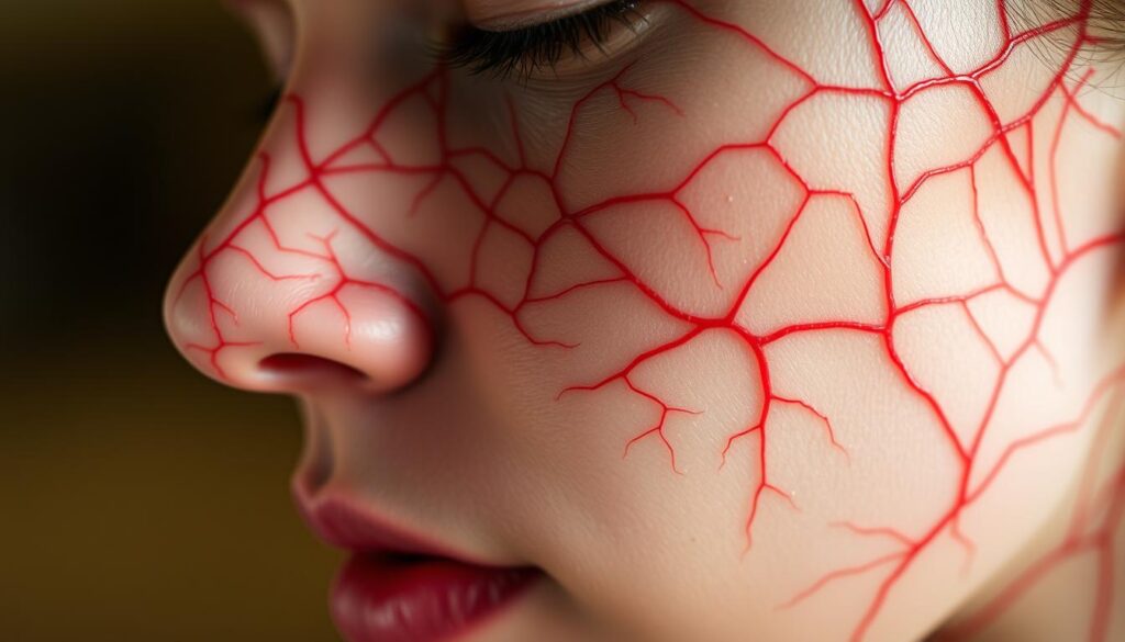 A close-up photograph of the intricate network of blood vessels on a person's face, taken with a high-resolution macro lens. The image should showcase the delicate, web-like pattern of the facial vasculature, with a focus on the areas around the cheeks, nose, and temples. The lighting should be soft and diffuse, highlighting the subtle shades of red and pink that make up the blood vessels. The background should be blurred and out of focus, drawing the viewer's attention entirely to the captivating details of the facial vasculature. The overall tone should convey a sense of fragility and the unique nature of the human body.