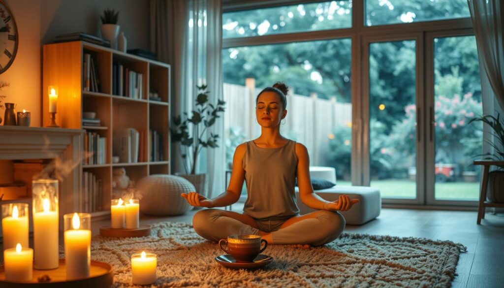 A cozy, dimly lit living room with soft, warm lighting creating a relaxing ambiance. In the foreground, a person sits cross-legged on a plush rug, eyes closed in meditation, surrounded by lit candles and the soothing aroma of incense. On a low table nearby, a cup of herbal tea steams gently. The middle ground features a bookshelf with carefully curated titles on mindfulness and self-care, while the background showcases a large window overlooking a serene garden, inviting the viewer to connect with nature. The overall scene exudes a sense of calm, introspection, and a retreat from the stresses of daily life.