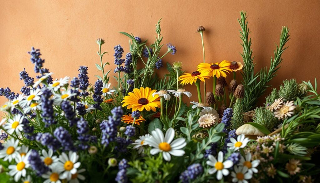 A lush, verdant arrangement of various healing herbs and botanicals against a warm, earthy backdrop. In the foreground, a vibrant display of chamomile, lavender, calendula, and rosemary, their delicate petals and lush foliage gently illuminated by soft, natural light streaming in from the side. In the middle ground, a scattering of additional medicinal plants like echinacea, yarrow, and comfrey, their stems and leaves casting intricate shadows across the composition. The background subtly fades into a muted, textured surface, hinting at the rich, natural origins of these potent herbal remedies. An atmosphere of tranquility and restorative potential pervades the scene, inviting the viewer to consider the holistic power of these botanical allies in addressing problematic skin conditions.