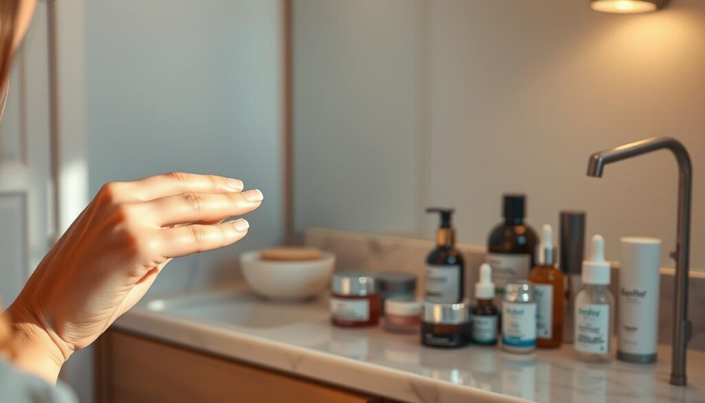 A serene and calming scene of a woman's daily skincare routine. In the foreground, a delicate hand gently applies a moisturizer to a glowing, youthful face. Soft, warm lighting creates a cozy, intimate atmosphere, accentuating the tranquil, nurturing mood. In the middle ground, an array of skincare products - creams, serums, and cleansers - are neatly arranged on a marble vanity, reflecting the importance of a consistent, thoughtful regimen. The background fades into a peaceful, minimalist setting, emphasizing the focus on self-care and inner wellbeing. The overall composition conveys the transformative power of a daily skincare routine, promoting healthy, radiant skin and a sense of calming self-care.
