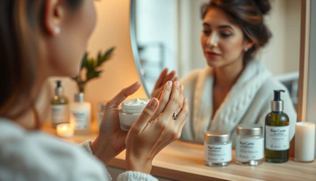 A serene and tranquil scene depicting the daily ritual of skin care. In the foreground, a woman's hands gently apply a nourishing facial cream, her expression calm and focused. The middle ground showcases an array of high-quality skin care products, each bottle and jar meticulously arranged on a minimalist wooden vanity. The background features a softly lit, cozy interior, with warm lighting casting a soothing glow. The overall composition conveys a sense of mindfulness, self-care, and a moment of personal reflection. The image is captured with a shallow depth of field, emphasizing the tactile nature of the skin care routine.