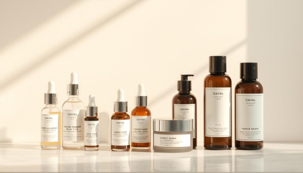 A serene and tranquil skincare scene showcases a clean, minimalist vanity against a soft, diffused backdrop. In the foreground, an assortment of luxurious facial care products - serums, moisturizers, and cleansers - are artfully arranged, their labels and textures meticulously detailed. Warm, natural lighting softly illuminates the scene, casting gentle shadows and highlights that accentuate the products' elegant simplicity. The overall composition conveys a sense of calm, inviting the viewer to envision themselves indulging in a serene skincare ritual.