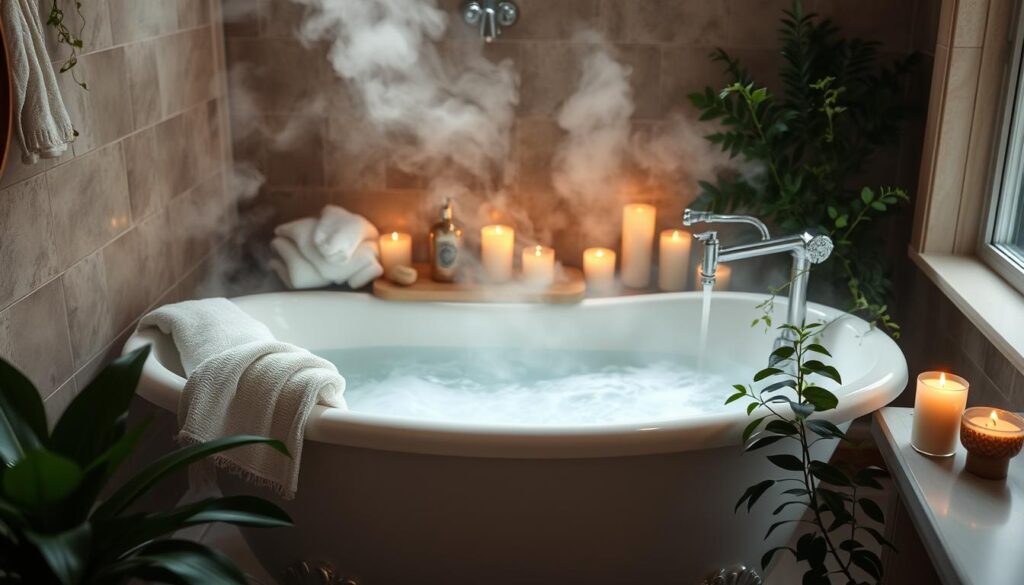 A serene, candlelit bathroom scene with a deep, clawfoot bathtub filled with aromatic, steaming water. Plush towels and natural sponges are within reach, and lush, verdant plants line the edges, creating a soothing, spa-like atmosphere. Soft, diffused lighting casts a warm, golden glow, while gentle steam rises from the bath, enveloping the space in a sense of tranquility. The camera angle is slightly elevated, capturing the inviting, relaxing nature of this intimate, self-care ritual.