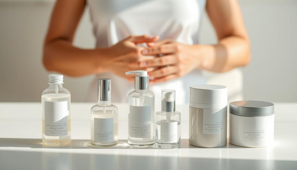 A serene, minimalistic scene depicting the key stages of a skincare routine. In the foreground, a collection of skincare products - a gentle cleanser, a hydrating toner, and a nourishing moisturizer - arranged on a pristine white surface, bathed in soft, natural lighting. In the middle ground, a pair of elegant hands gently massaging a glowing, healthy complexion. In the background, a simple, calming backdrop - perhaps a soft, blurred gradient or a muted, natural texture - to create a sense of tranquility and focus. The overall mood is one of simplicity, clarity, and a reverence for the ritual of skin cleansing.