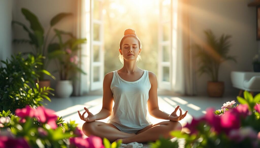 A serene, sunlit scene depicting the regeneration of body and mind. In the foreground, a peaceful figure sits in a lotus position, deep in meditative contemplation, their face radiating a sense of calm and inner focus. Surrounding them, lush greenery and vibrant flowers symbolize the revitalizing power of nature. In the middle ground, soft beams of light filter through an open window, casting a warm, therapeutic glow. The background features a minimalist, tranquil interior, with hints of natural materials and soothing neutral tones, creating an atmosphere of relaxation and harmony. Cinematic lighting and a shallow depth of field emphasize the emotional connection between the subject and their environment, conveying the holistic benefits of restorative rituals.