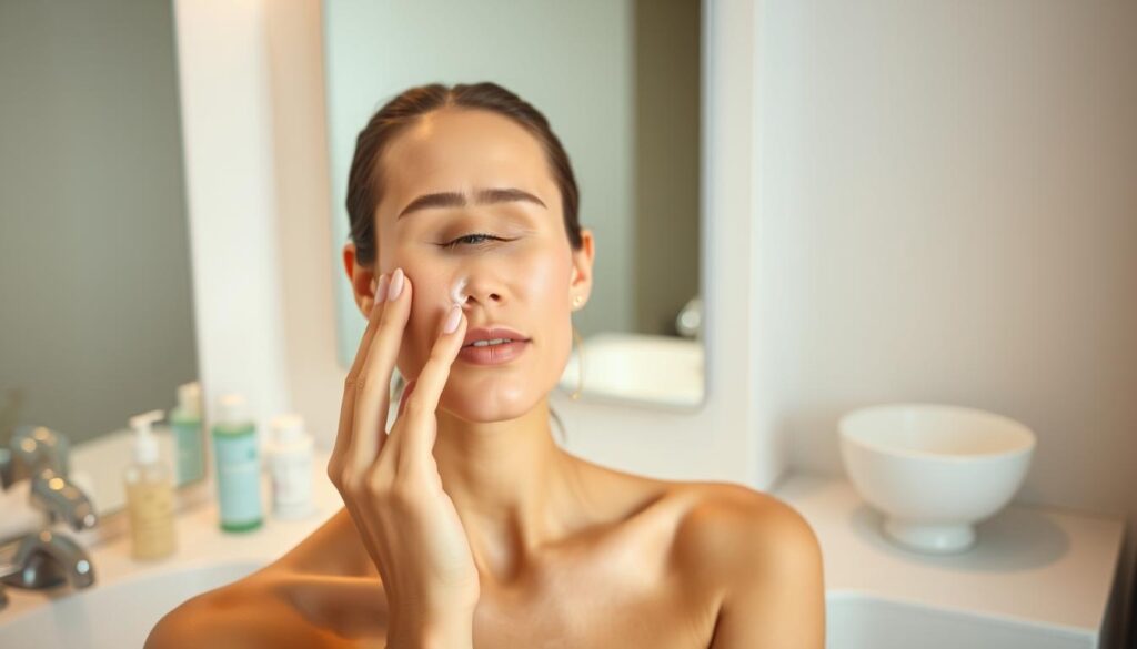 A serene, well-lit bathroom setting with a sink and counter. The counter features various skin care products, including a gentle facial cleanser, a soft face towel, and a porcelain bowl filled with warm water. The lighting is soft and diffused, creating a calming atmosphere. The model stands in the foreground, her face relaxed and free of makeup, as she gently cleanses her skin with her fingertips, focusing on the T-zone and cheeks. The background is blurred, emphasizing the self-care ritual taking place. The overall mood is one of tranquility, simplicity, and a commitment to healthy, safe facial cleansing.
