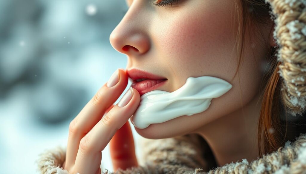 A serene winter scene showcasing effective skin protection against the harsh cold. A close-up view of a feminine hand gently applying a rich, nourishing moisturizer to a delicate, rosy complexion. The skin appears supple and glowing, shielded from the frigid, blustery elements by the soothing, creamy formula. The lighting is soft and diffused, evoking a sense of tranquility and self-care. The background is blurred, emphasizing the intimate, delicate focus on skin health and hydration during the challenging winter months.