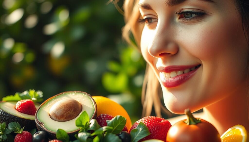 A vibrant closeup of fresh, glowing skin, illuminated by soft, diffused lighting. The complexion is radiant, with a healthy, dewy glow. In the foreground, an array of wholesome, nutrient-rich foods - avocado, berries, leafy greens, and citrus fruits - symbolizing the nourishing impact of a balanced diet on skin health. The middle ground features a faint, hazy backdrop of verdant foliage, conveying a sense of natural vitality. The overall composition evokes a serene, holistic atmosphere that highlights the connection between dietary choices and the skin's optimal condition.