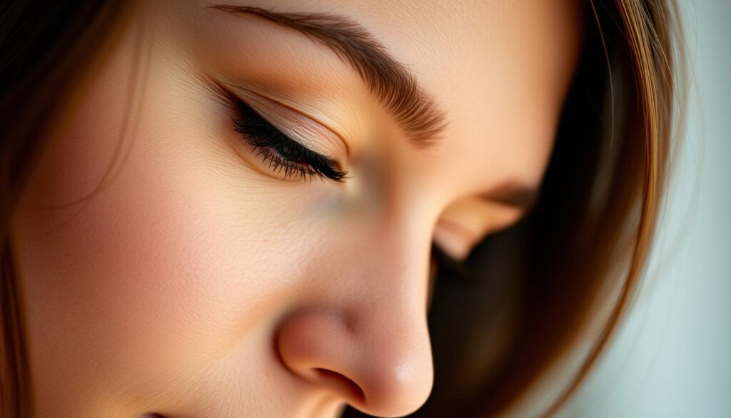 Detailed close-up of a woman's skin, capturing the subtle textures and imperfections of the epidermis. Soft, even lighting from the side creates a warm, intimate atmosphere, accentuating the natural glow and radiance of the complexion. The focus is on the forehead, nose, and cheeks, with a shallow depth of field blurring the background to direct the viewer's attention to the skin itself. The image conveys a sense of introspection and self-care, inviting the viewer to consider the importance of proper facial skincare routines.