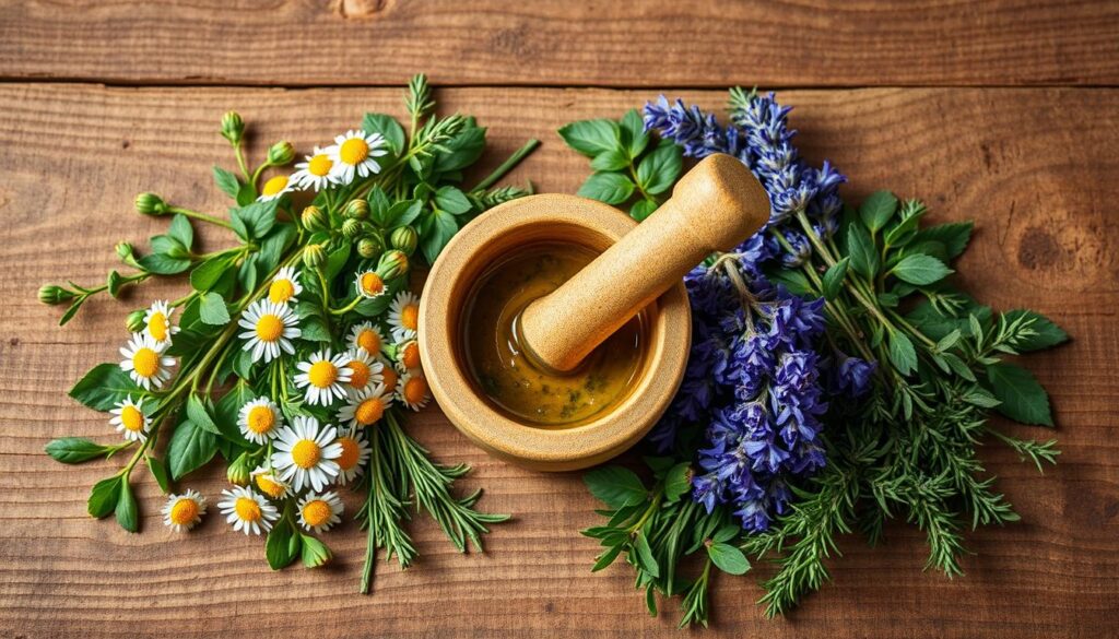 Vibrant herbs on natural wood surface, overhead studio lighting. Mortar and pestle in foreground, various medicinal plants surrounding it - chamomile, lavender, sage, rosemary, thyme. Earthy, calming atmosphere. Textured, matte finish. Focus on the botanicals, highlighting their versatility in natural skin care. Capture the essence of holistic, plant-based remedies for common dermatological issues.